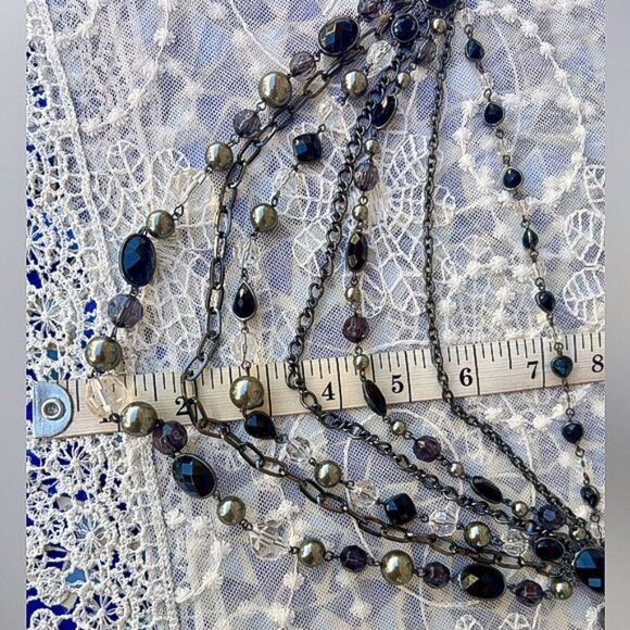 Multi-Layered Black Gunmetal & Silver Multi-strand Beaded Waterfall Necklace - Picture 11 of 12